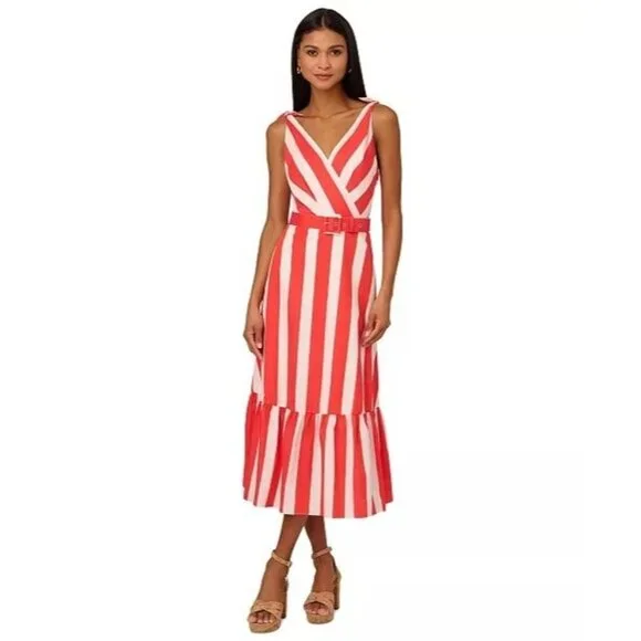 139$ Adrianna Papell Striped Wrap Midi Dress Sleeveless Womens Size 16 Red White - Picture 1 of 1